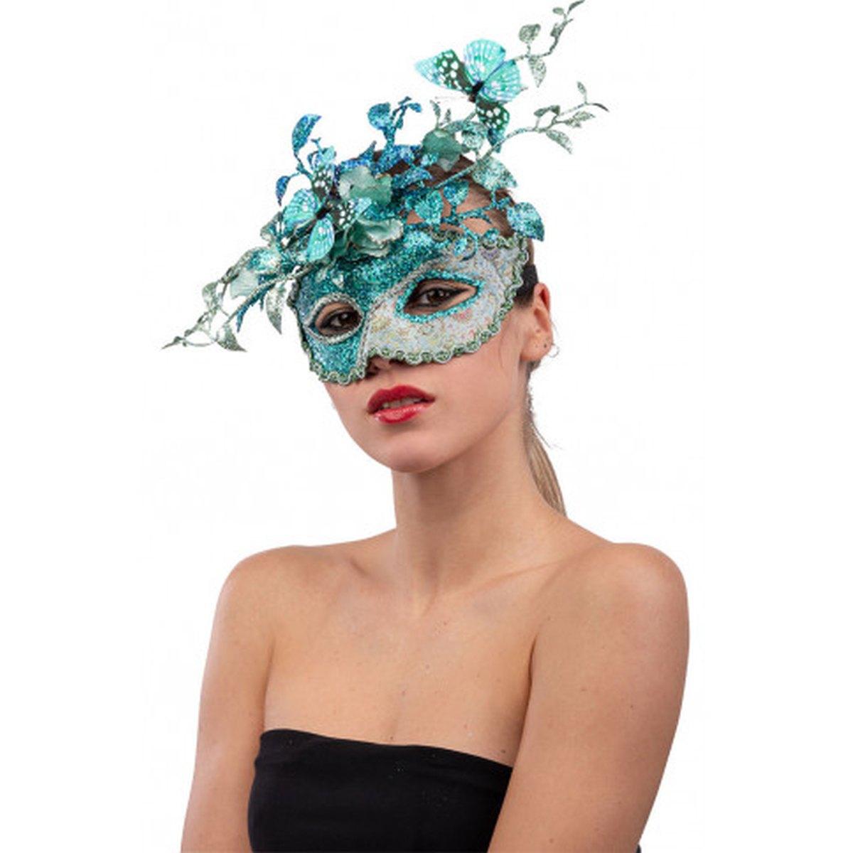 Maschera Viso PVC Azzurra con Farfalle e Fiori Glitter |Carnival Toys