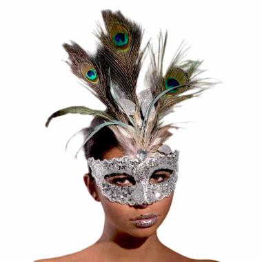 Maschera Viso PVC Argento con Paillettes e Piume Pavone |Carnival Toys