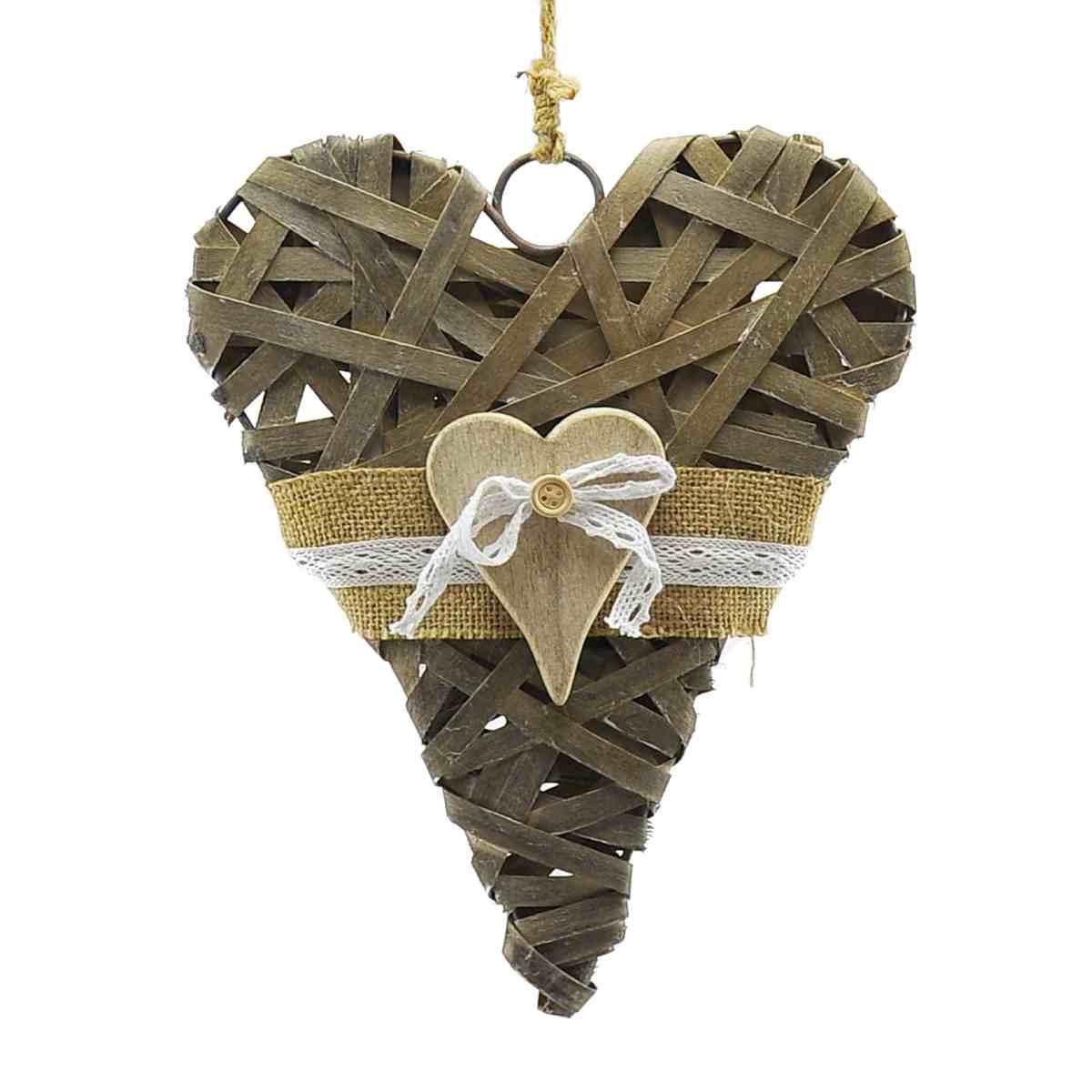 Decorazione Natalizia Cuore Legno da Appendere Legno Rattan con Pizzo cm.h26 |M2 Store