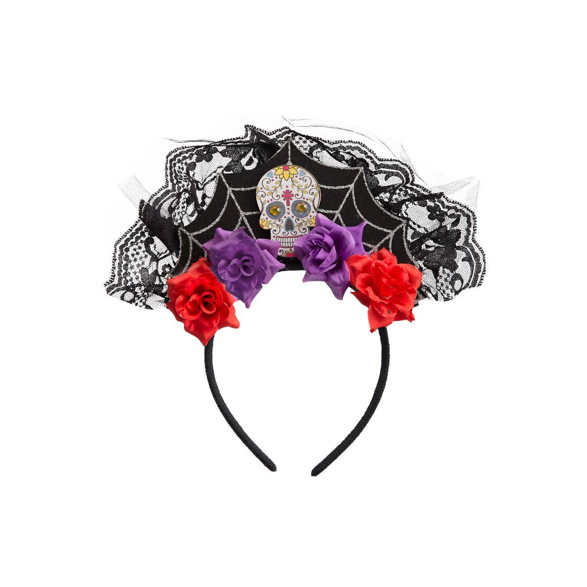 Cerchietto con Merletto, Teschio e Rose Teschio Messicano |Carnival Toys