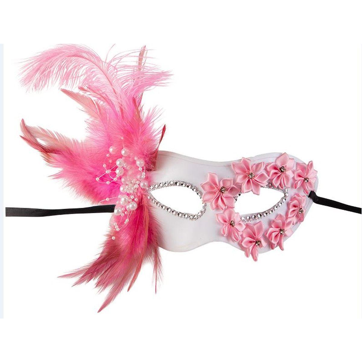 Maschera Viso PVC Bianca con Fiori e Piume Rosa |Carnival Toys