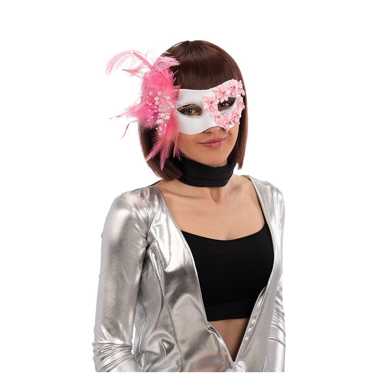 Maschera Viso PVC Bianca con Fiori e Piume Rosa |Carnival Toys