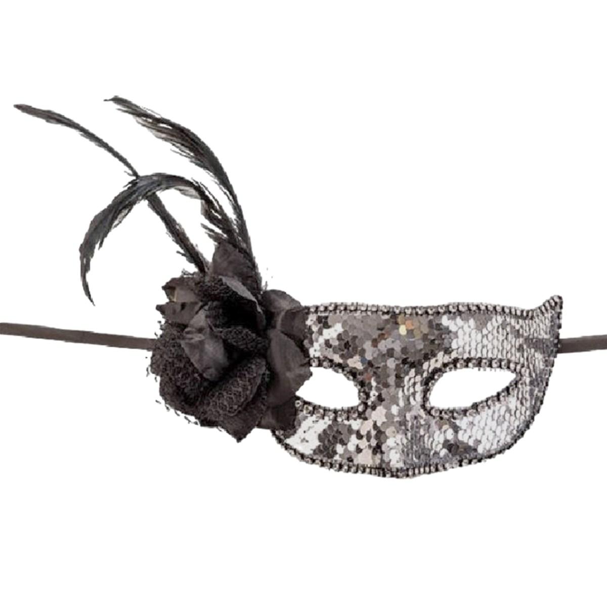 Maschera Viso PVC con Paillettes Argento Fiore e Piume |Carnival Toys