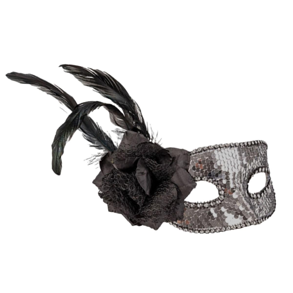 Maschera Viso PVC con Paillettes Argento Fiore e Piume |Carnival Toys
