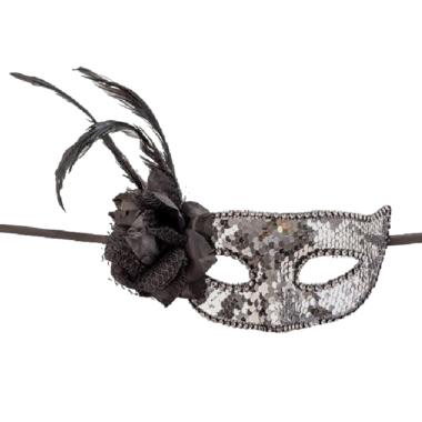 Maschera Viso PVC con Paillettes Argento Fiore e Piume |Carnival Toys