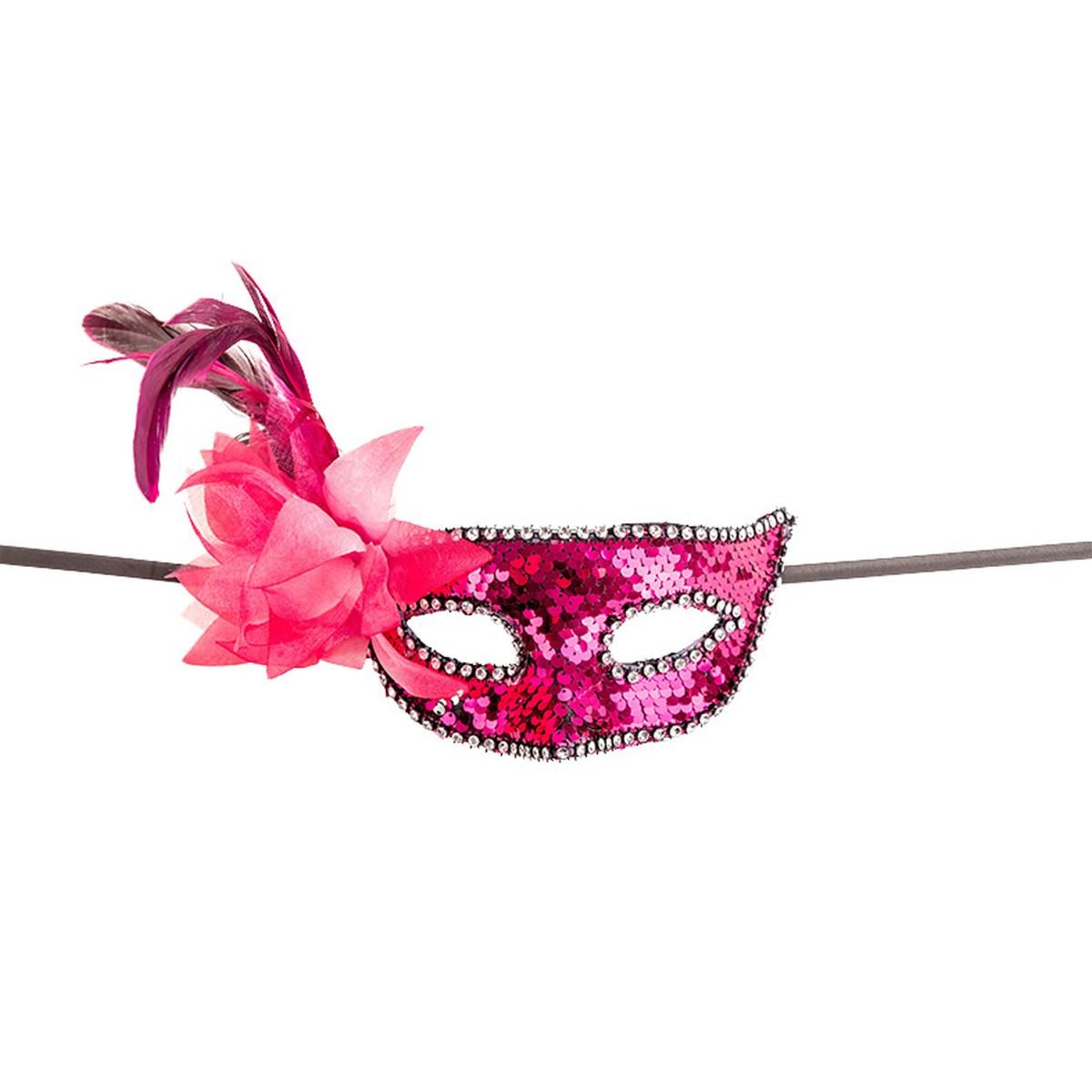 Maschera Viso PVC con Paillettes Fucsia Fiore e Piume |Carnival Toys
