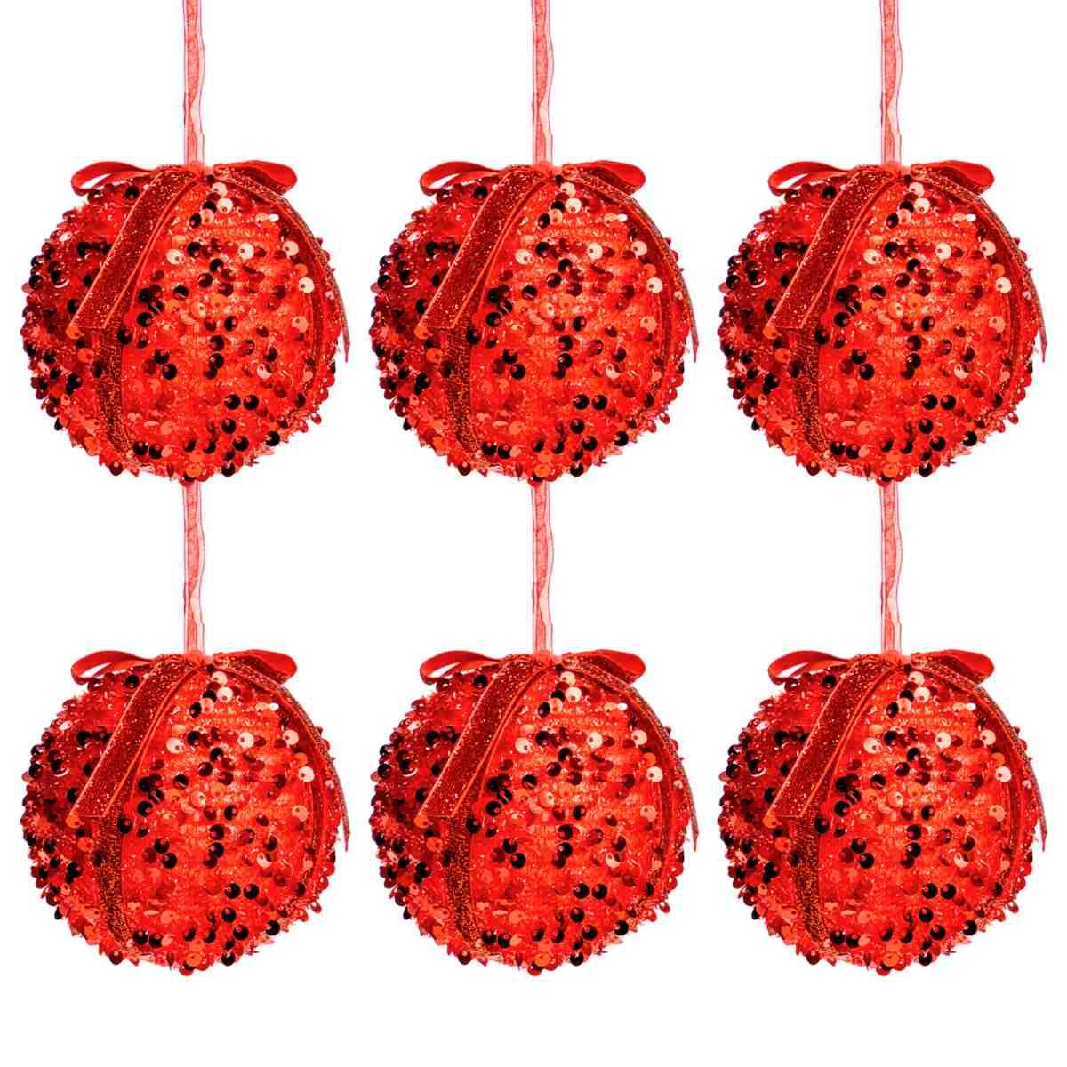 Pallina Natale cm.Ã˜8 Rosse con Fiocco e Paillettes Set pz.6 |Silani