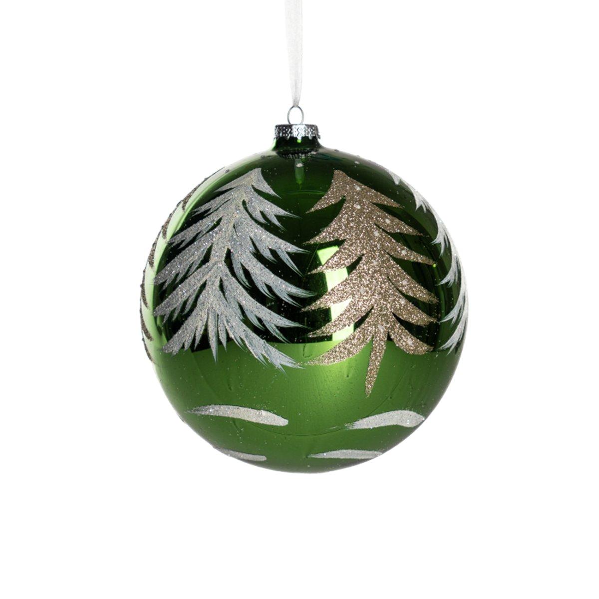 Pallina Natale Vetro cm.Ø15 Verde con Albero Oro |Silani