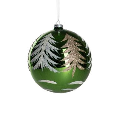 Pallina Natale Vetro cm.Ø15 Verde con Albero Oro |Silani