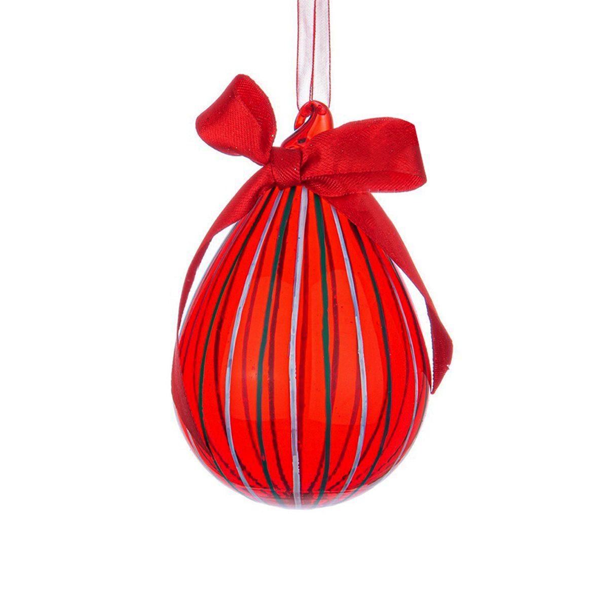 Pallina Natale Vetro cm.10 Goccia Rossa Righe Bianche Verdi |Bizzotto