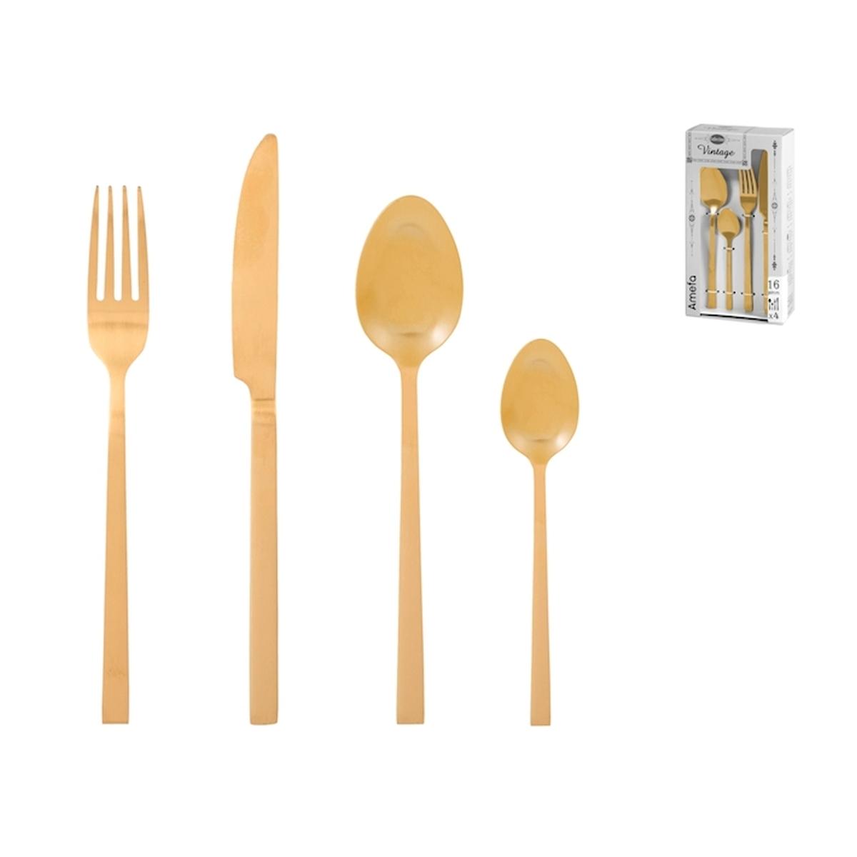 Posate Tavola Inox Set pz.16 Square Oro Gold | H&H