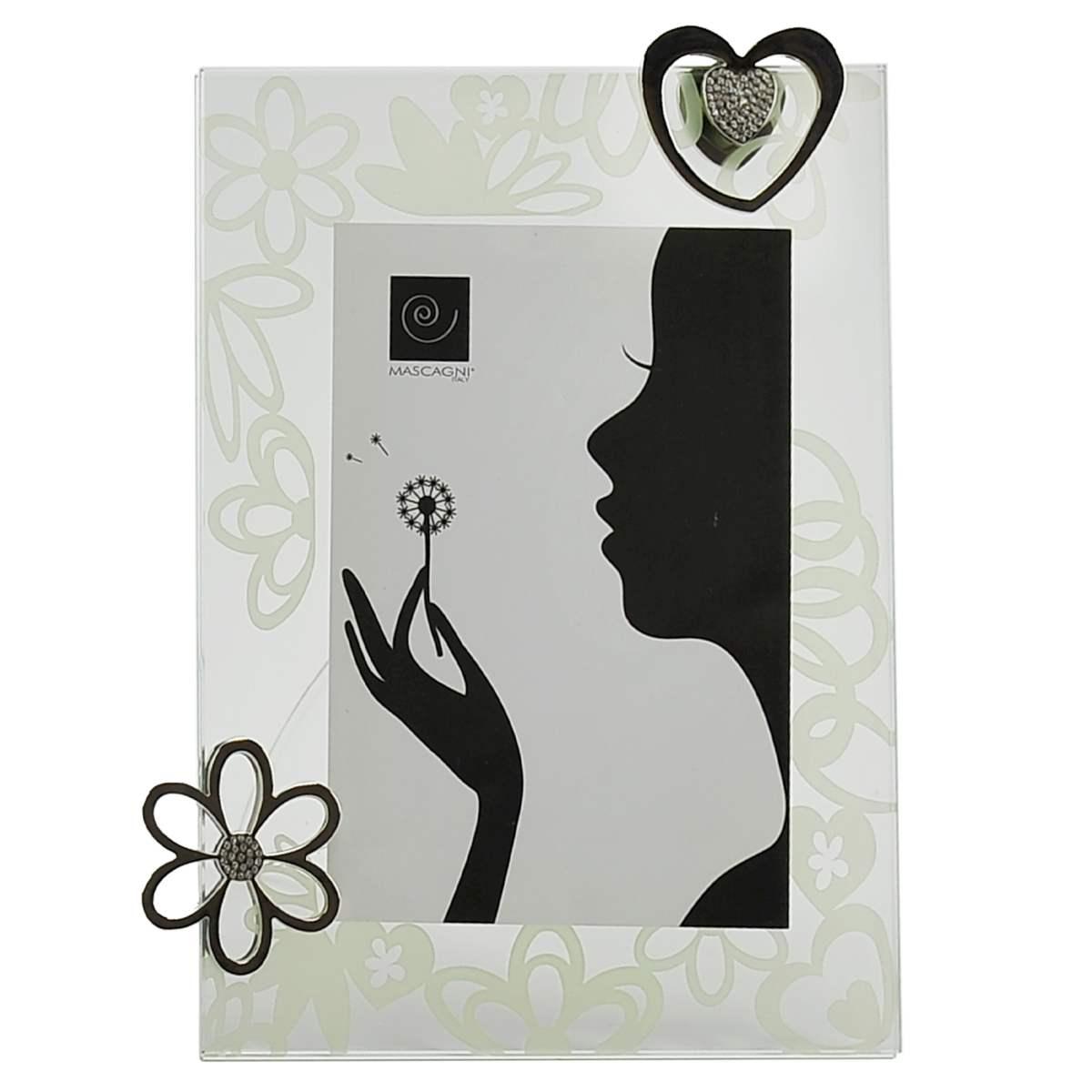 Cornice Vetro cm.13x18 Bianco Dec. Cuori Fiori | Mascagni