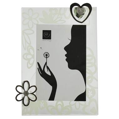 Cornice Vetro cm.13x18 Bianco Dec. Cuori Fiori | Mascagni