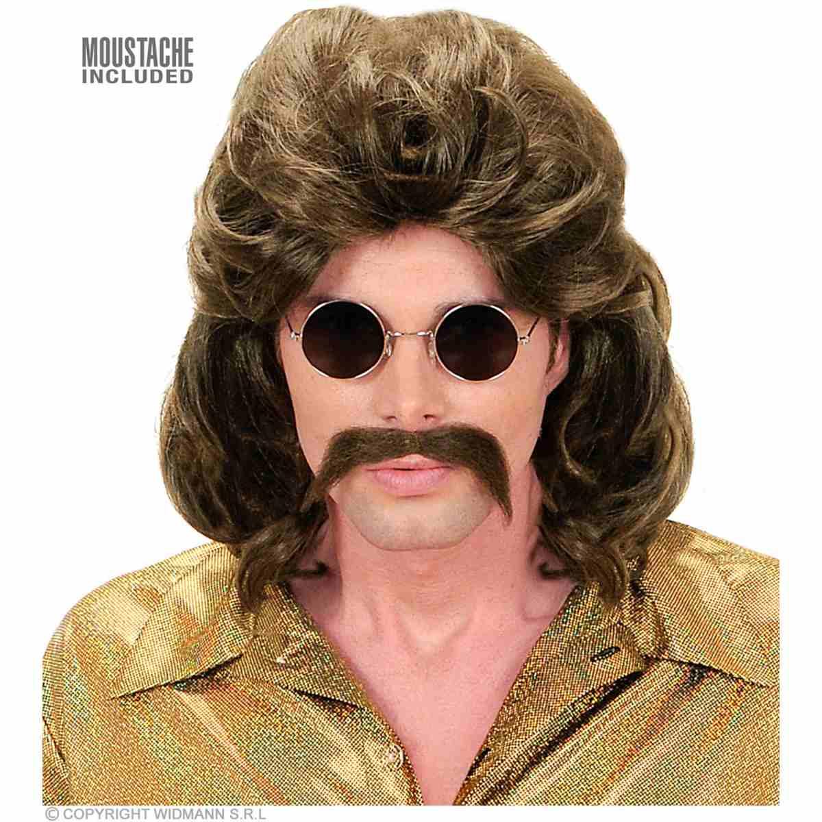 Parrucca Anni '70' Castana e Mossa con Baffi |Widmann