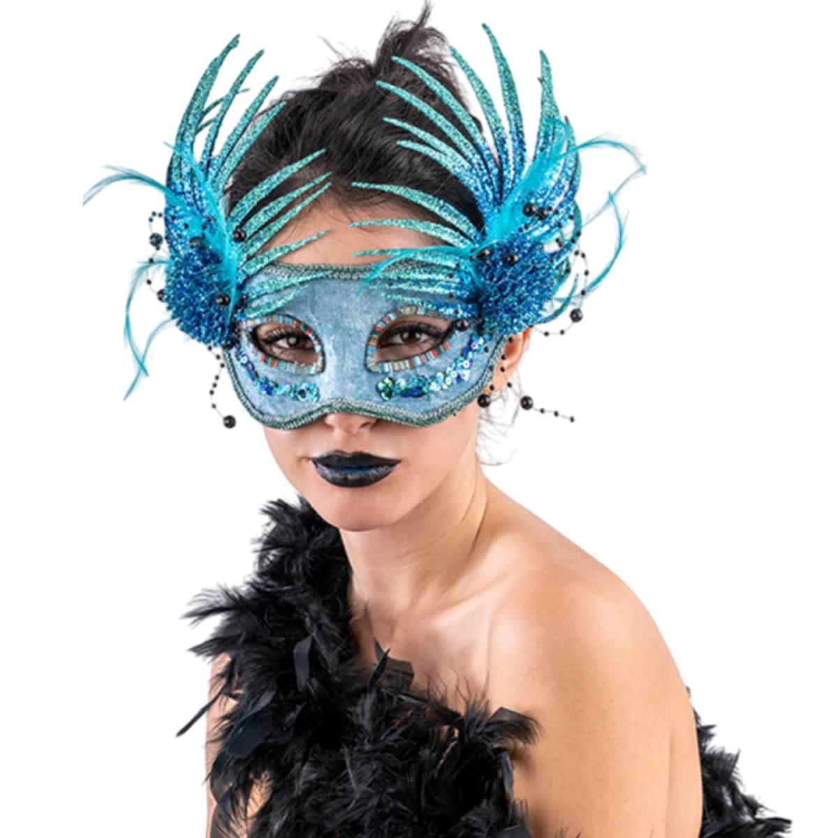 Maschera Viso Tessuto Velluto TUrchese e Glitter |Carnival Toys