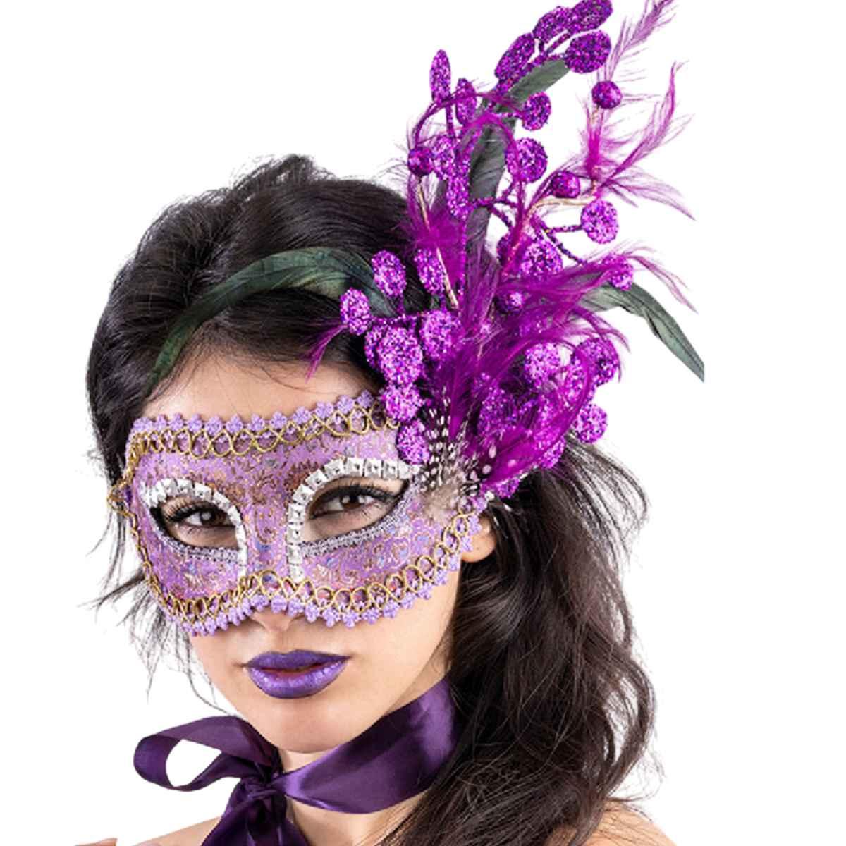 Maschera Viso Tessuto Damascato Viola e Glitter |Carnival Toys