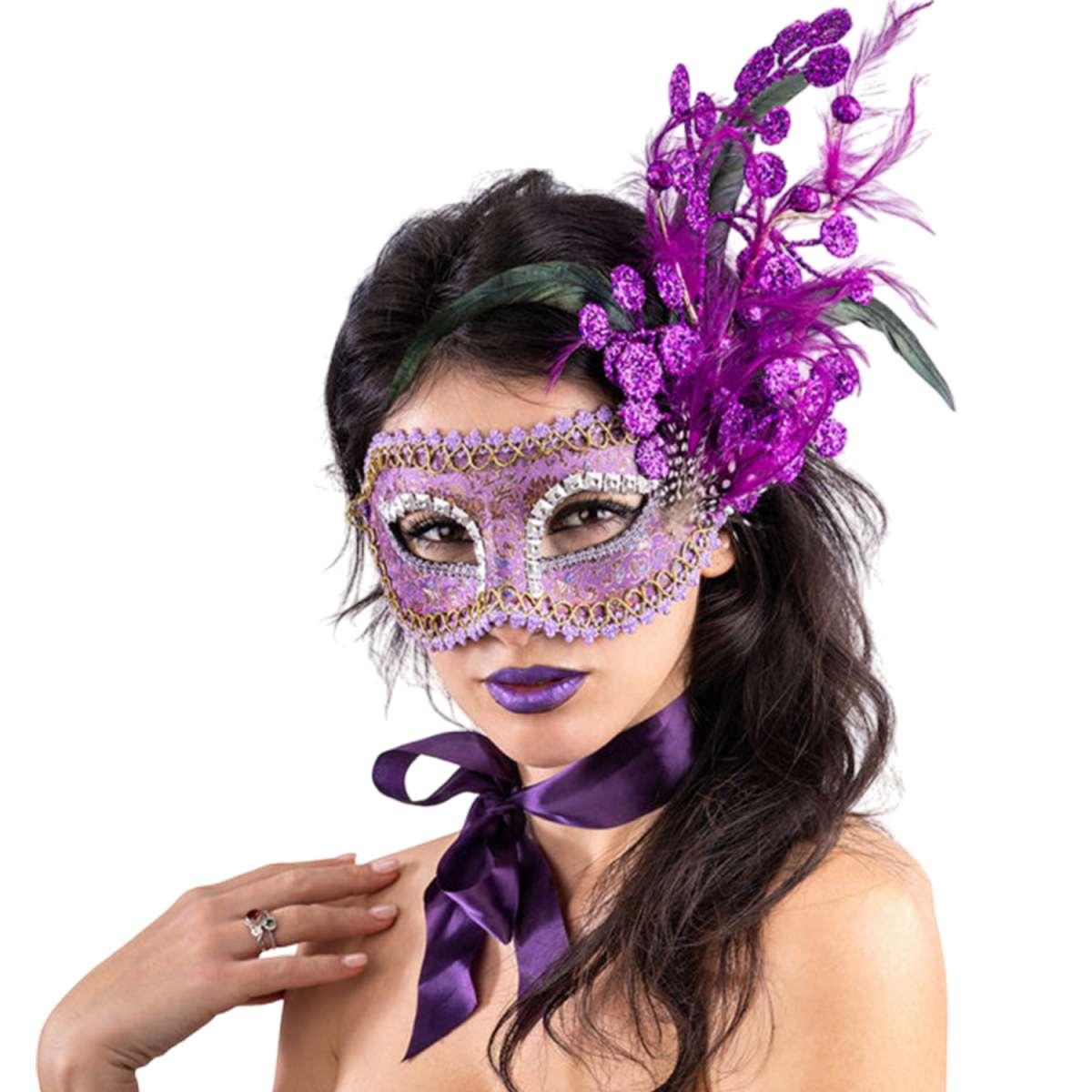 Maschera Viso Tessuto Damascato Viola e Glitter |Carnival Toys