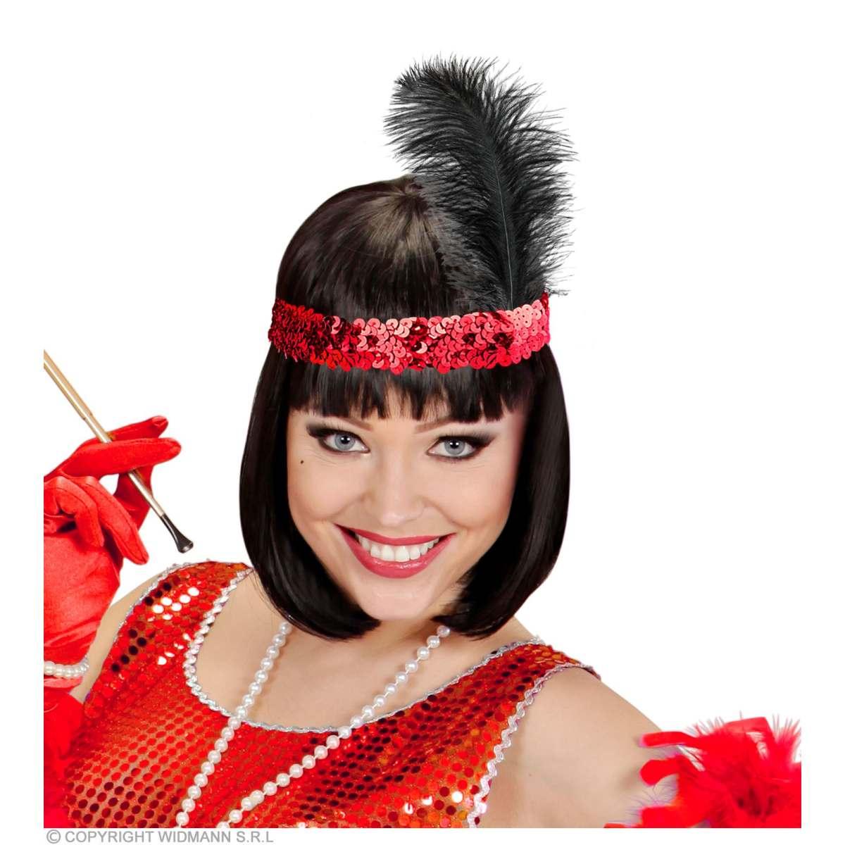 Fascia Capelli Charleston Paillettes Rosse con Piuma |Widmann