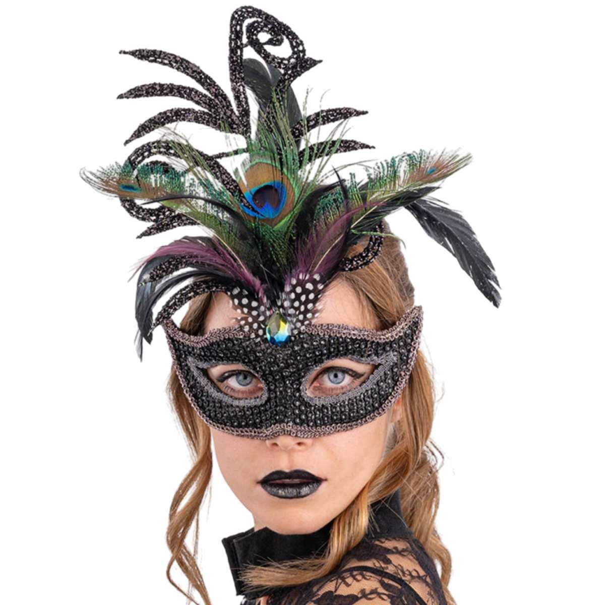 Maschera Viso Strass Nera e Glitter con Piume |Carnival Toys