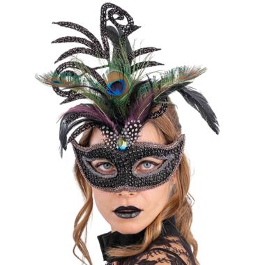 Maschera Viso Strass Nera e Glitter con Piume |Carnival Toys