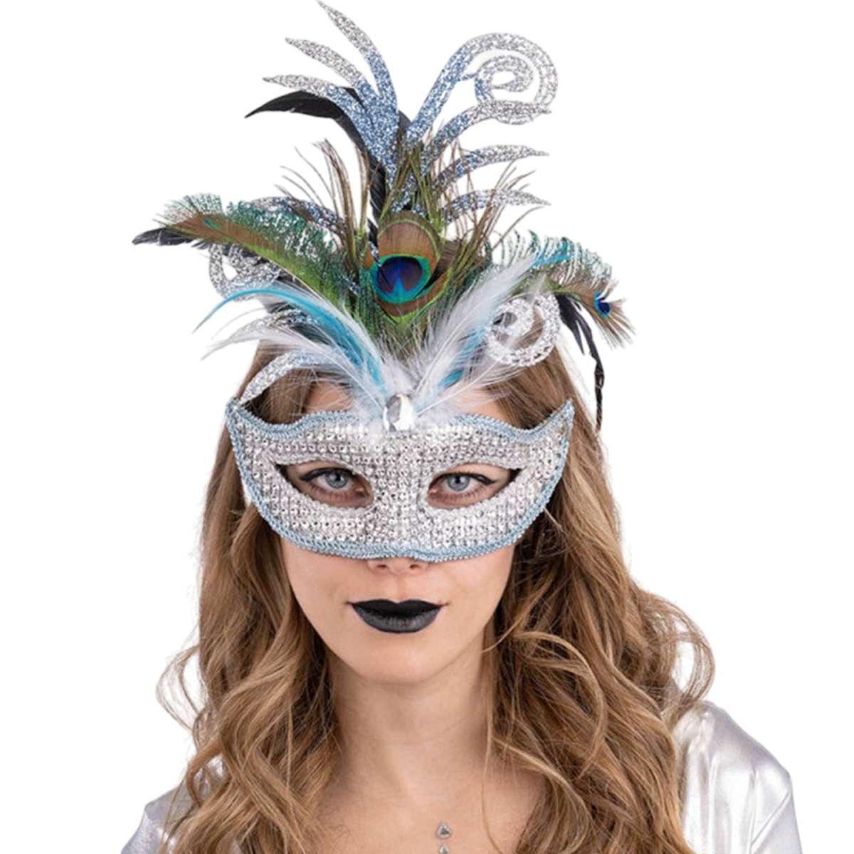 Maschera Viso Tessuto Strass Argento e Glitter con Piume |Carnival Toys