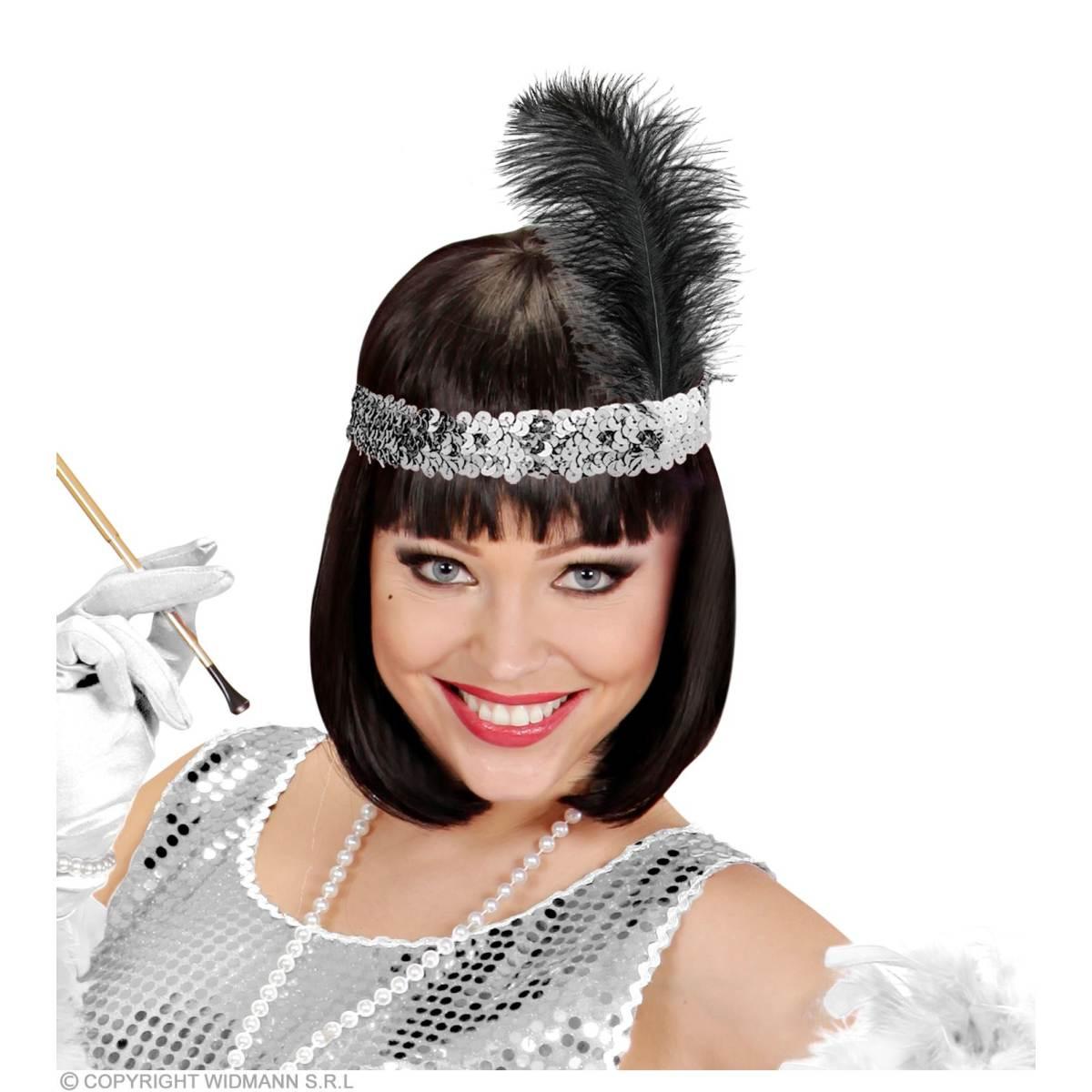 Fascia Capelli Charleston Argento con Paillettes e Piuma |Widmann