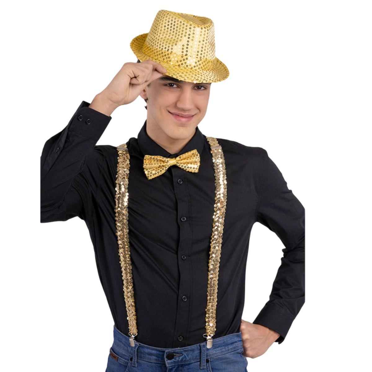 Disco Dance Oro Set pz.3 Cappello, Bretelle e Papillon |Carnival Toys