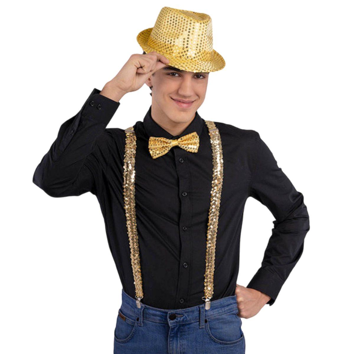 Disco Dance Oro Set pz.3 Cappello, Bretelle e Papillon |Carnival Toys