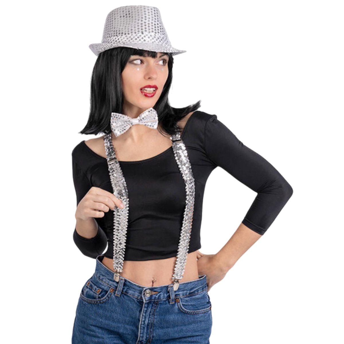 Disco Dance Argento Set pz.3 Cappello, Bretelle e Papillon |Carnival Toys