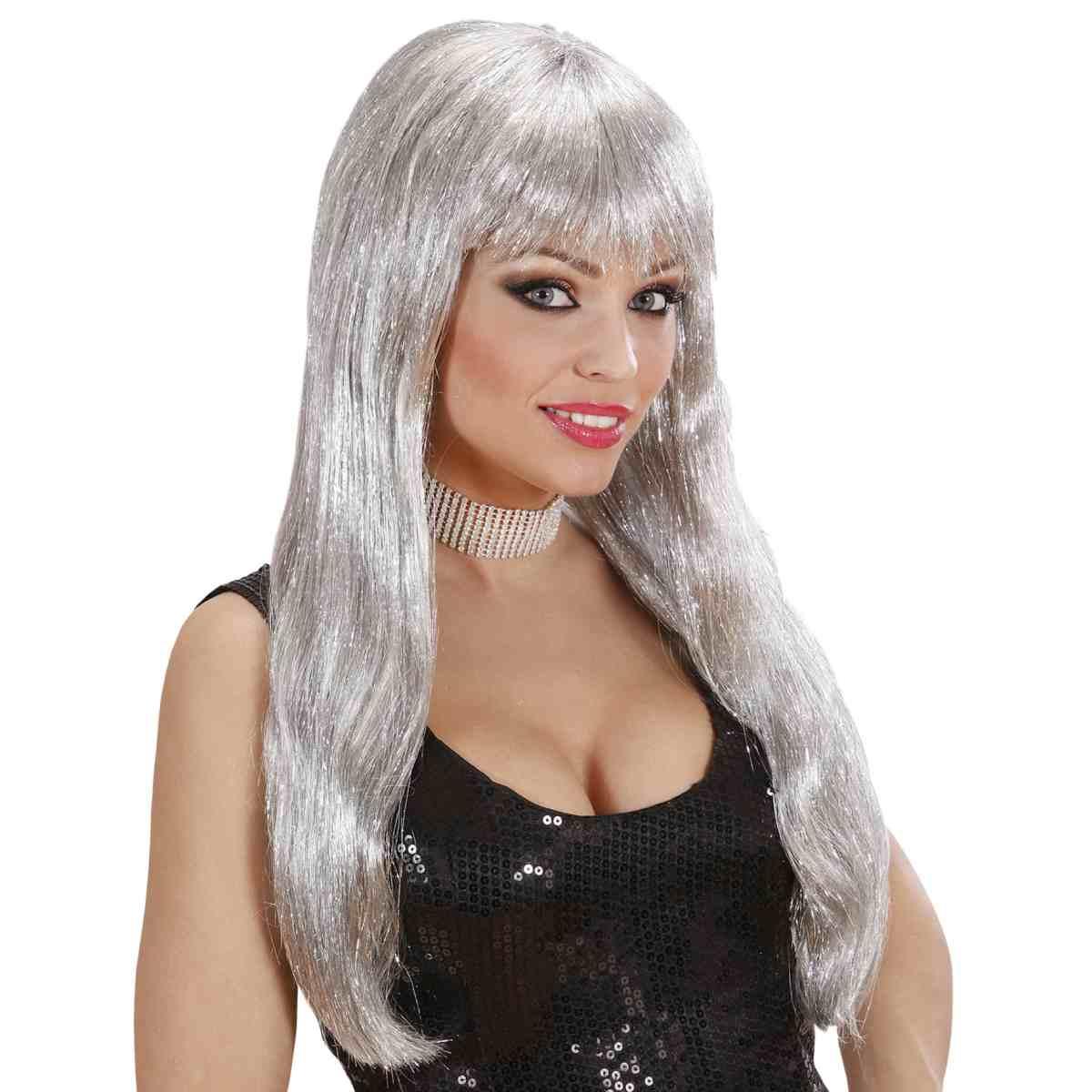 Parrucca Glitzy Argento Laminiata Liscia con Frangia |Widmann