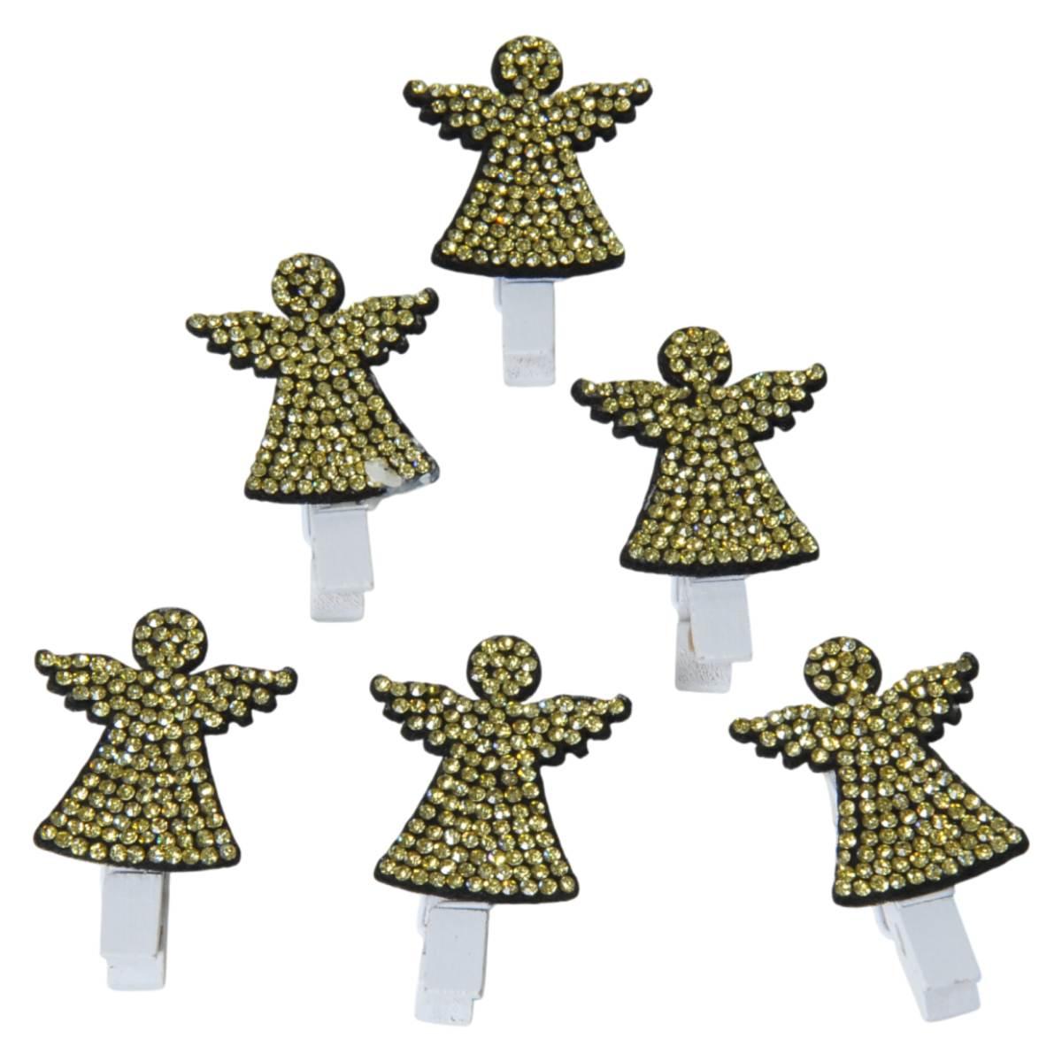 Molletta Natale Legno Angelo con Swaroski Oro Set pz.6 |Bizzotto