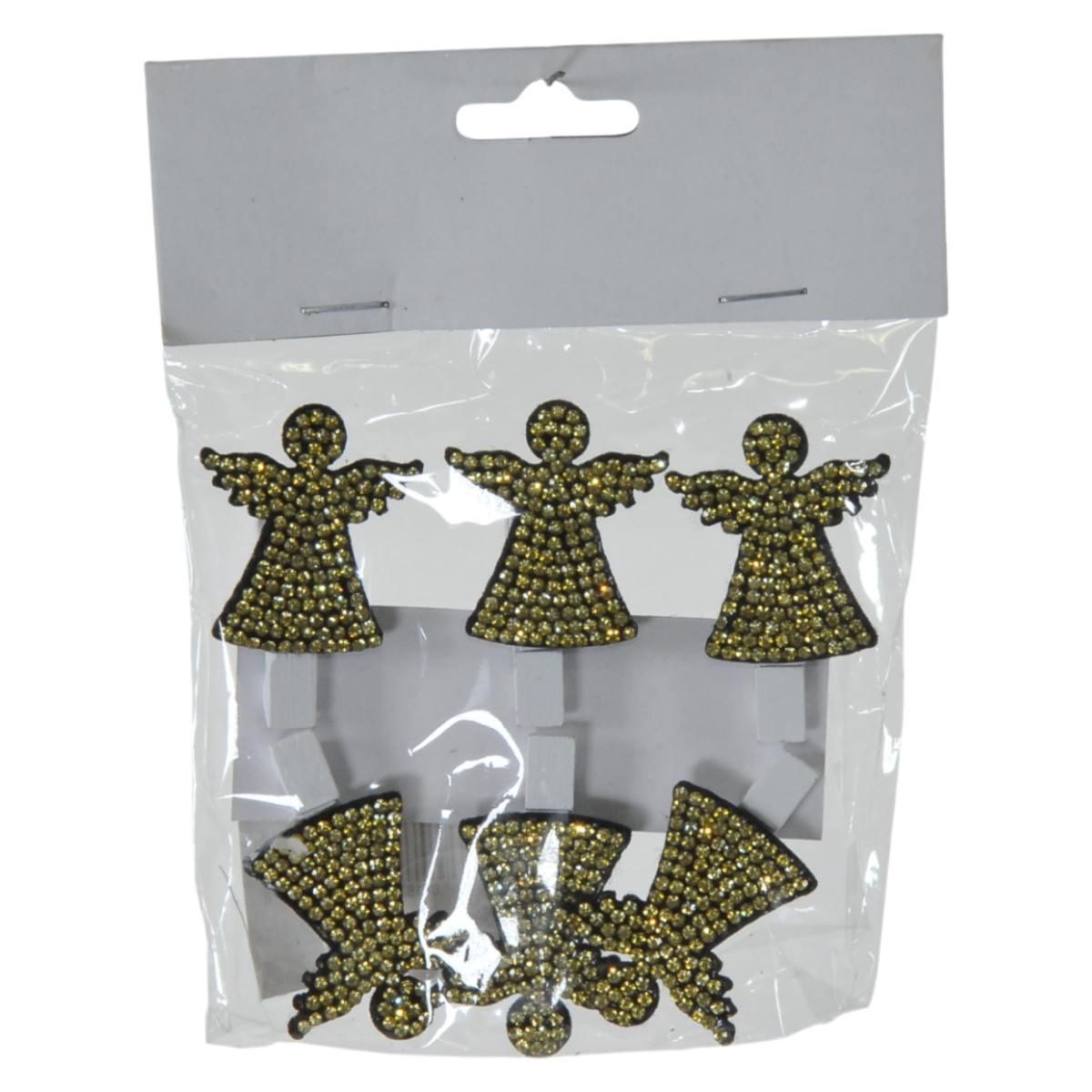 Molletta Natale Legno Angelo con Swaroski Oro Set pz.6 |Bizzotto