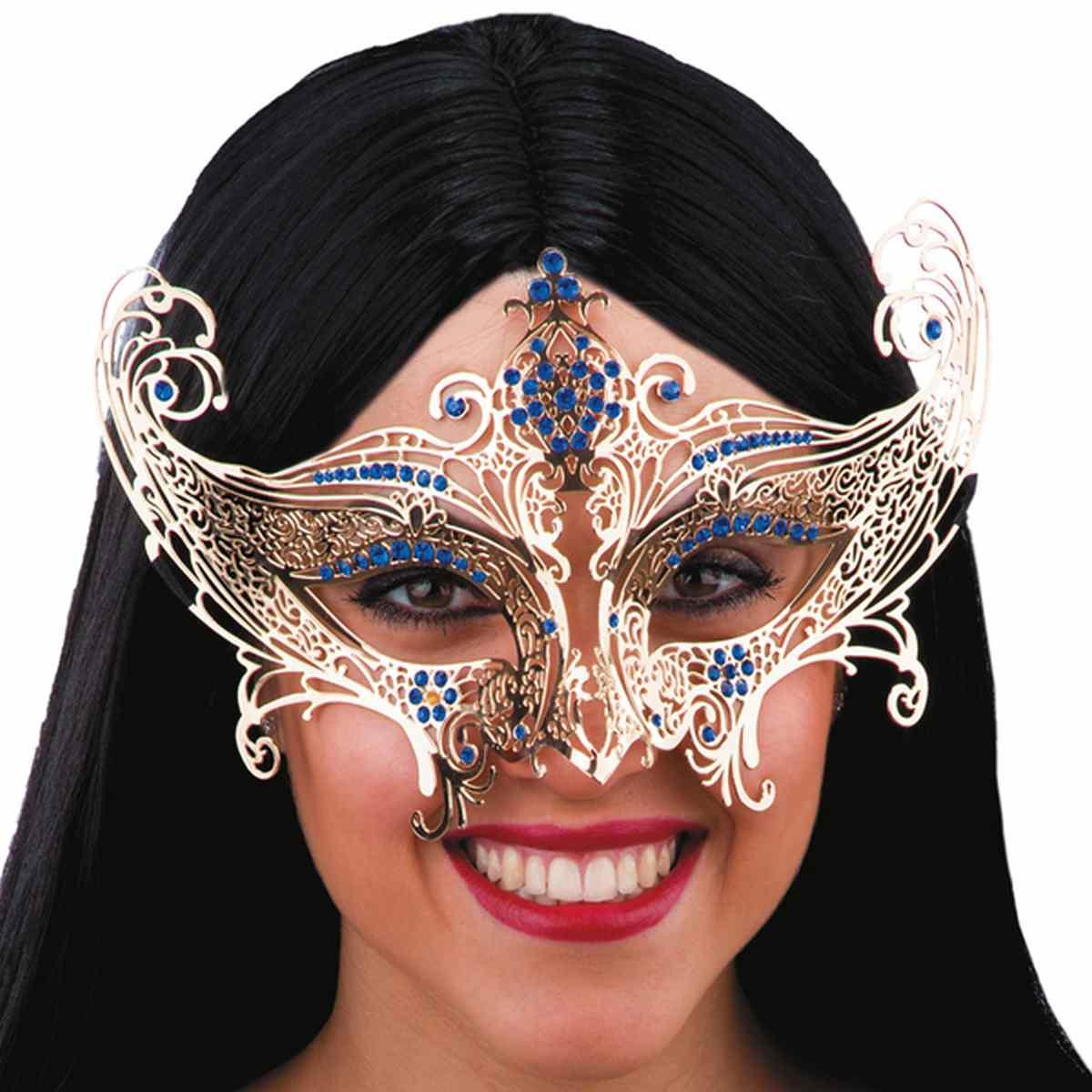 Maschera Viso Metallo Oro con Strass Blu |Carnival Toys