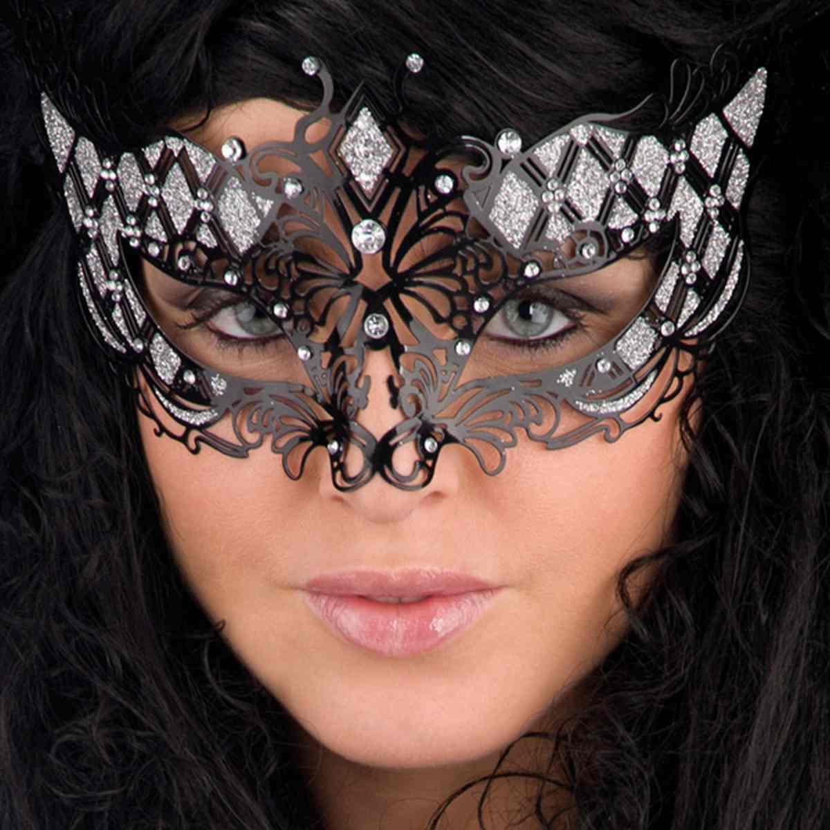 Maschera Viso Metallo Nera con Strass Argento |Carnival Toys