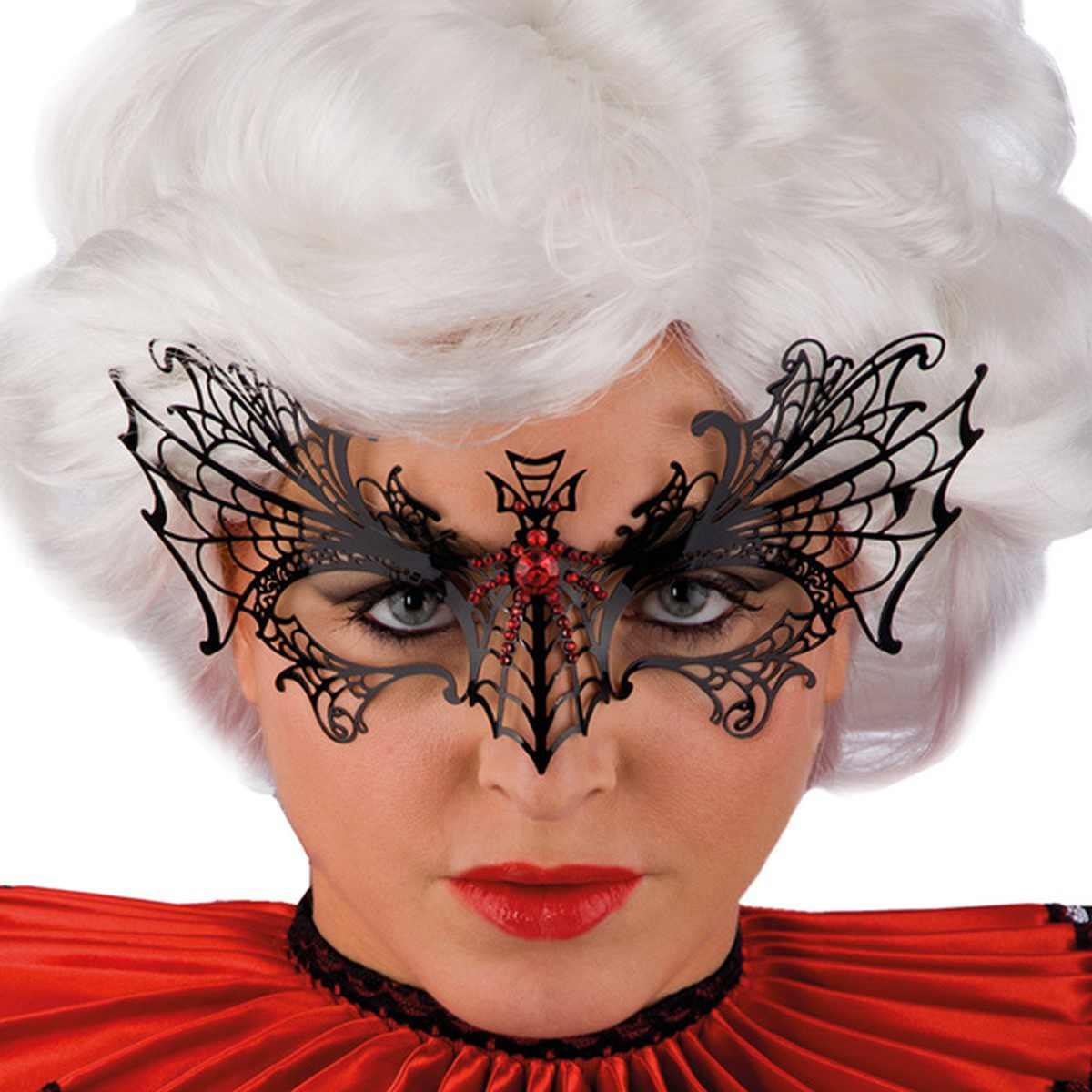 Maschera Viso Metallo Nera con Ragno e Strass Rossi |Carnival Toys