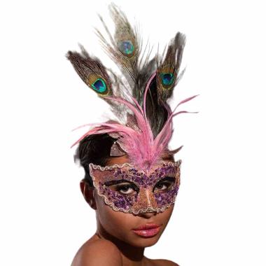 Maschera Viso Rosa con Piume e Paillettes |Carnival Toys