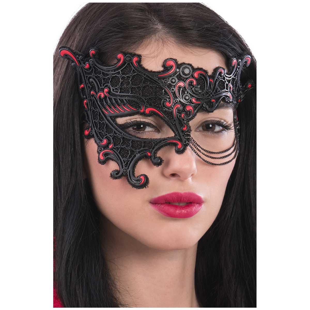 Maschera Viso PVC Nera e Rossa con Catenella |Carnival Toys