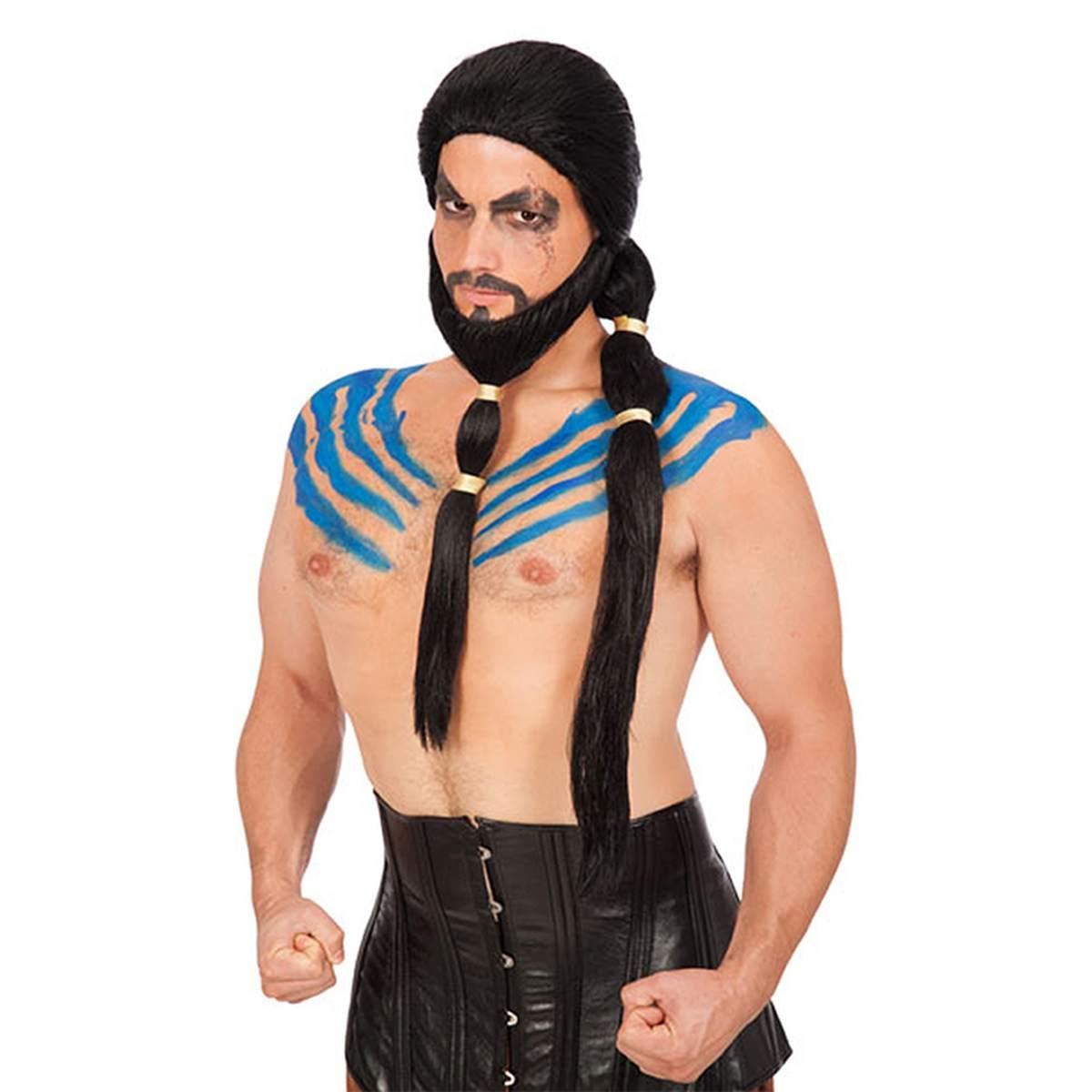 Parrucca Guerriero Nera con Codino e Barba |Carnival Toys