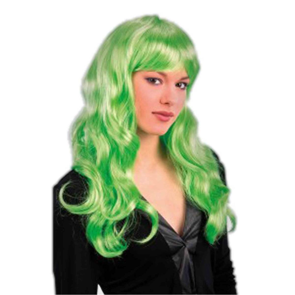 Parrucca Verde Fluo Mossa con Frangia |Carnival Toys