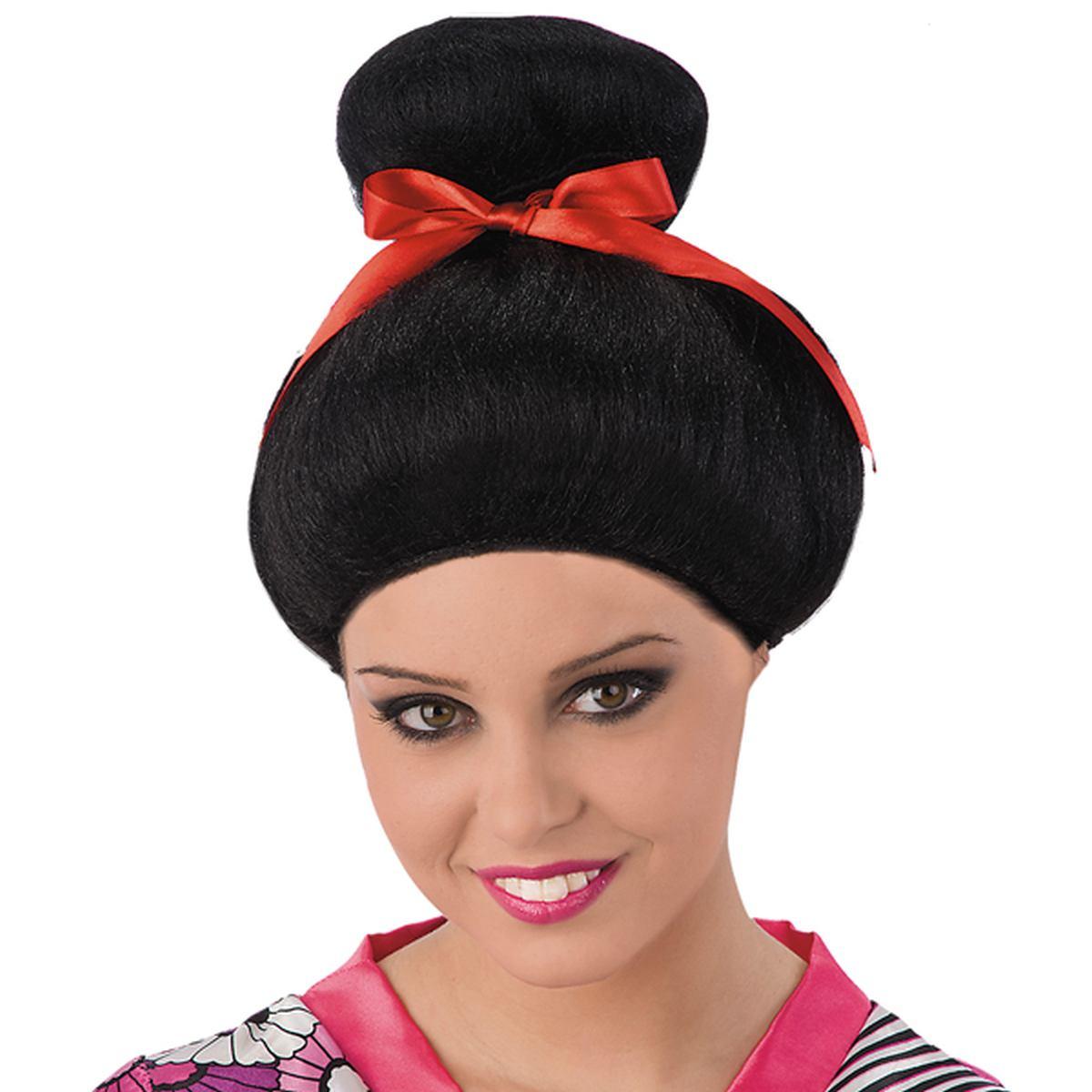 Parrucca Geisha con Capelli Neri Lisci con Fiocco Rosso |Carnival Toys