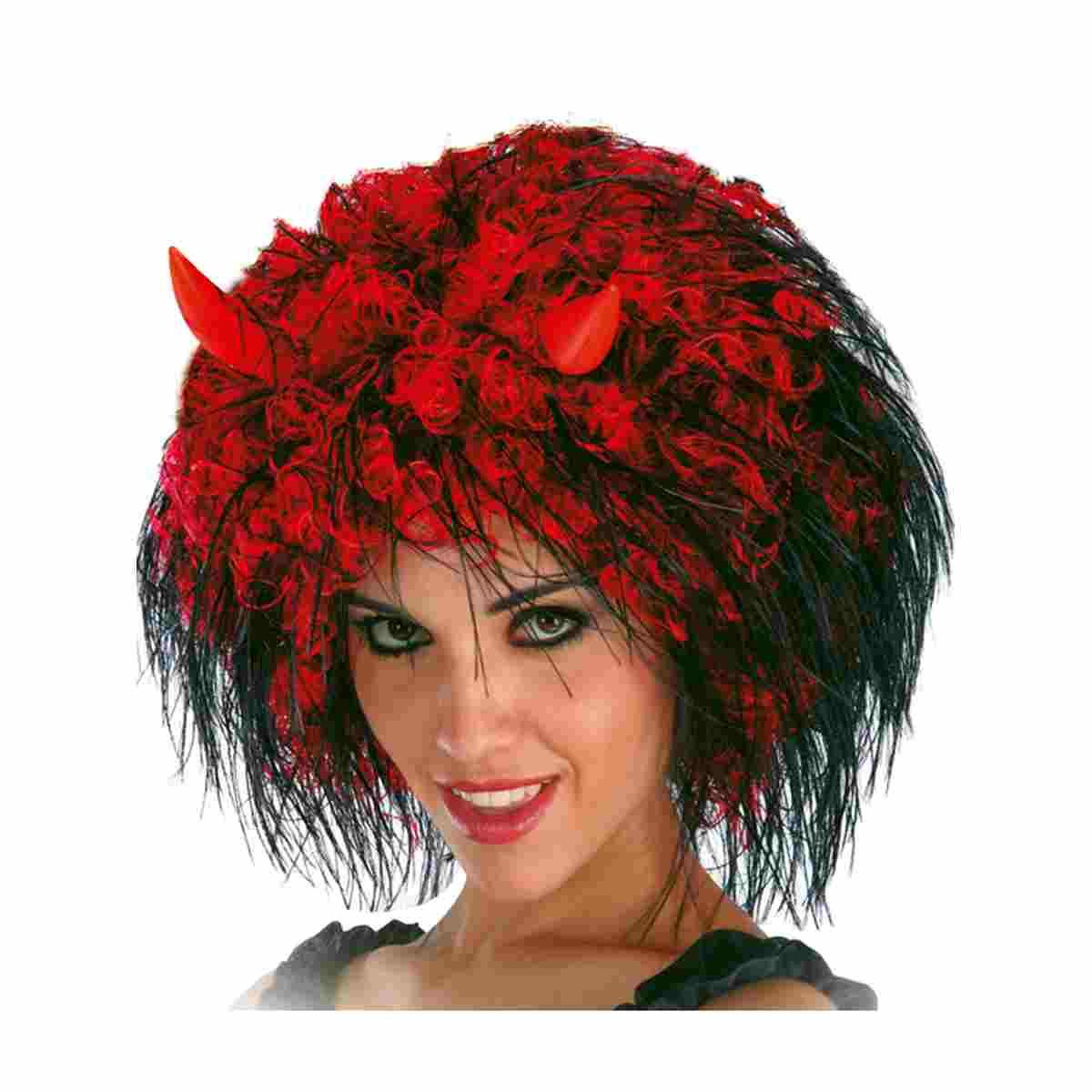 Parrucca Nera Rossa Diavolo Riccia con Corna |Carnival Toys