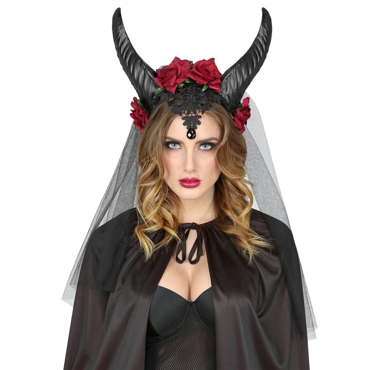 Cerchietto con Corna Rose e Velo Nero |Widmann