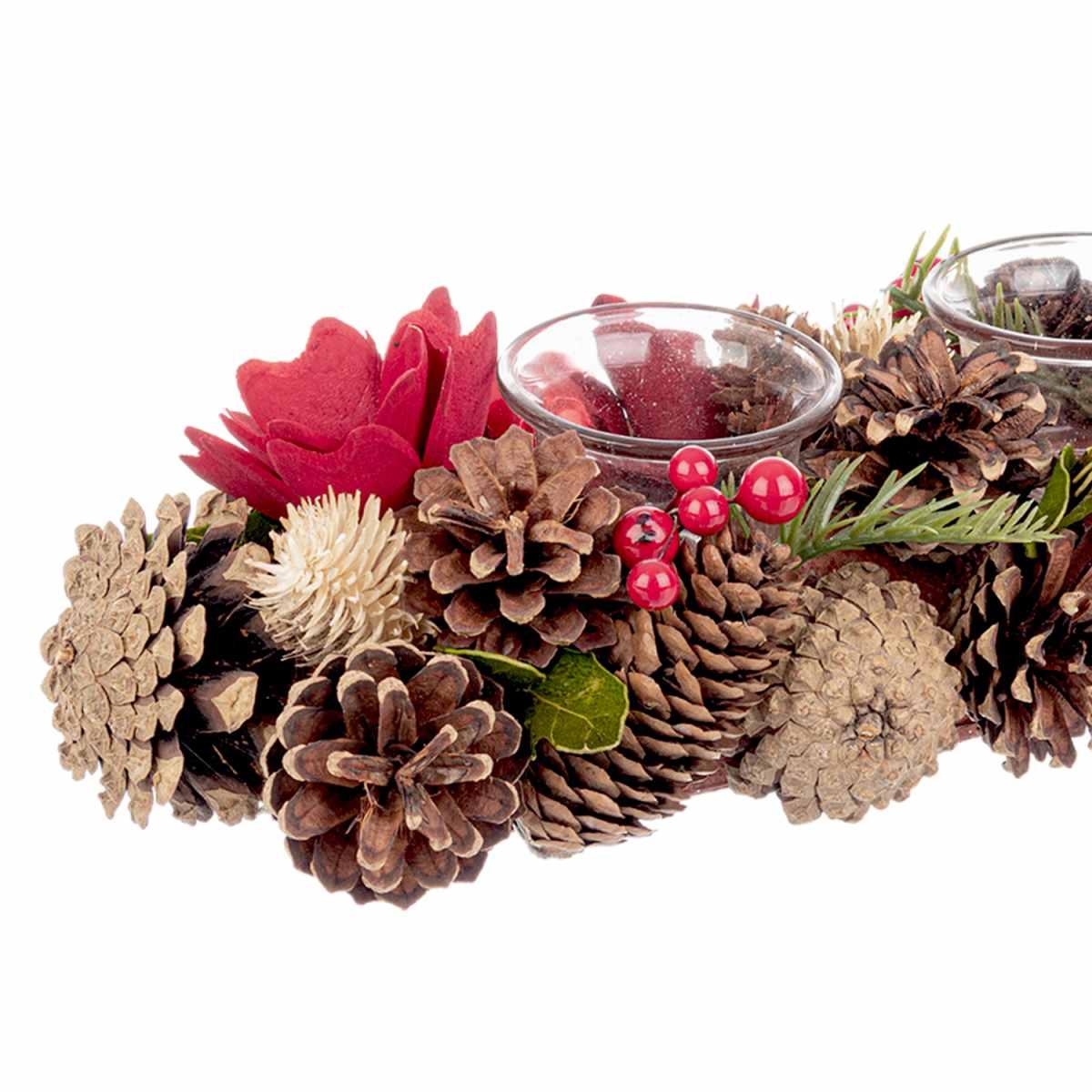 Portacandela con Bacche Fiori e Pigne cm.32x15x9 |Bizzotto