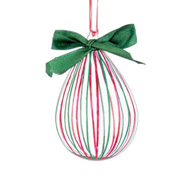 Pallina Natale Vetro cm.10 Goccia Trasparente a Righe Rosse Verdi |Bizzotto