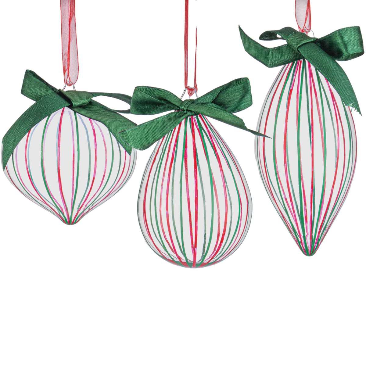Pallina Natale Vetro cm.13 Goccia Trasparente Righe Rosse/Verdi |Bizzotto