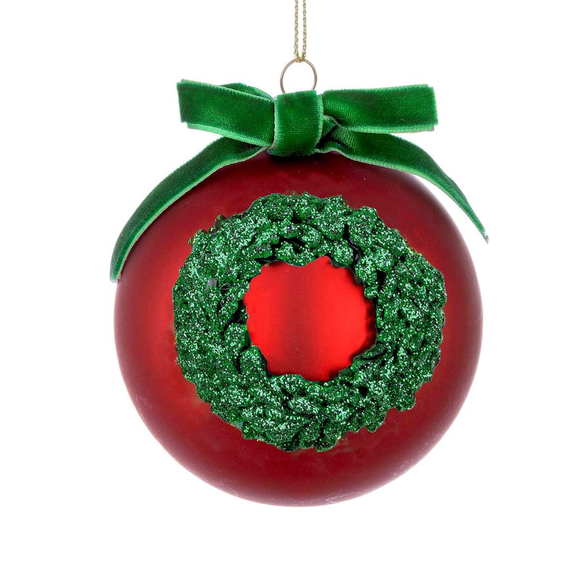 Pallina Natale Vetro cm.ÃƒÂ˜8 Rossa con Ghirlanda Verde |Bizzotto