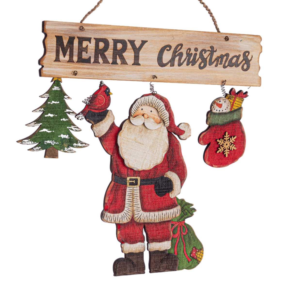 Decorazione Natalizia Targa Legno con Scritta e Babbo cm.30x31 |Bizzotto