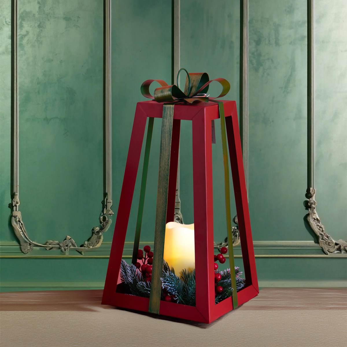 Lanterna cm.ÃƒÂ˜25x47 Metallo Rossa con Candela e Fiocco |Bianchi Dino