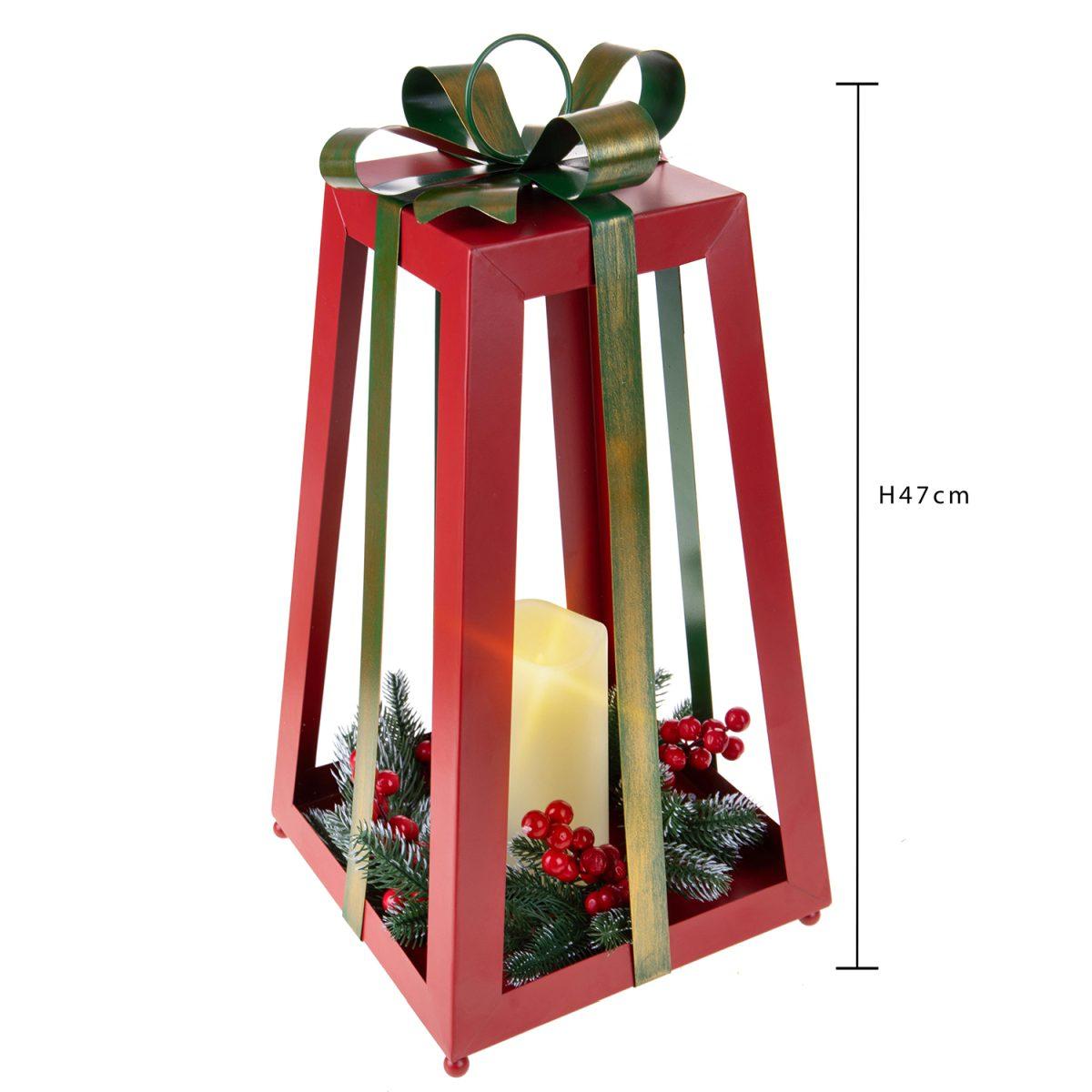 Lanterna cm.ÃƒÂ˜25x47 Metallo Rossa con Candela e Fiocco |Bianchi Dino