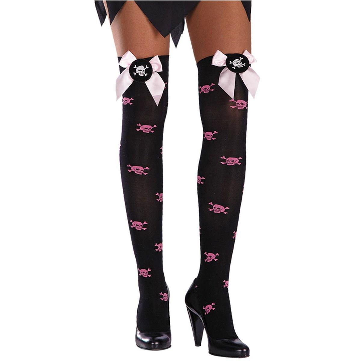 Collant Autoreggenti Nere con Teschi e Fiocchi Rosa |Carnival Toys